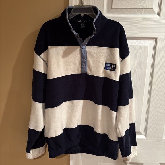 Vintage Nautica American Yachting Fleece 1/4 Button Pullover Mens Large Striped - Picture 1 of 10